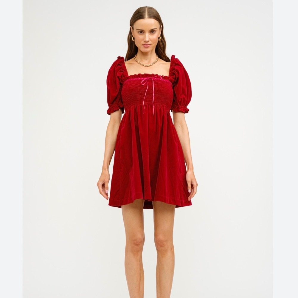 Sofie The Label Enya Red Velvet Babydoll‎ Puff Sleeve Mini Dress Women's L